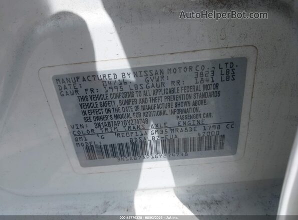 3N1AB7AP1GY274748 2016 NISSAN SENTRA White Vista del compartimento del motor