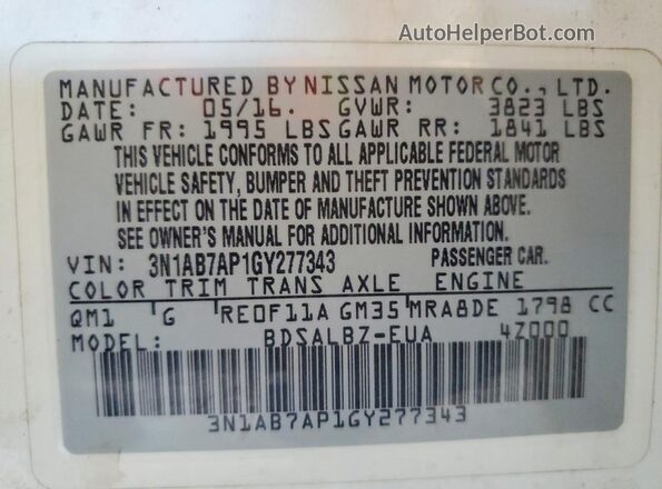 3N1AB7AP1GY277343 2016 NISSAN SENTRA White Vista del compartimento del motor