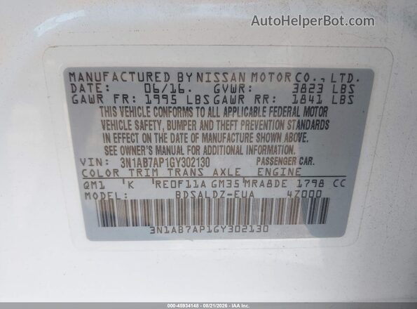 3N1AB7AP1GY302130 2016 NISSAN SENTRA White Շարժիչի բաժամունքի տեսք