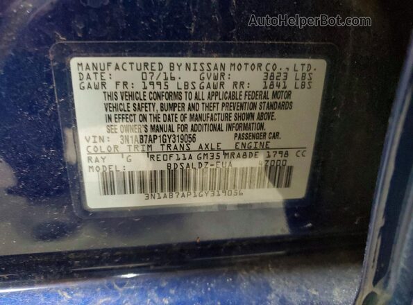 3N1AB7AP1GY319056 2016 NISSAN SENTRA Синий Вид подкапотного пространства