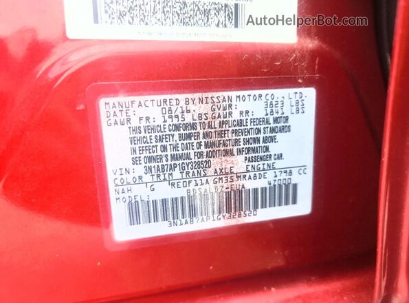 3N1AB7AP1GY328520 2016 NISSAN SENTRA Red Вид підкапотного простору