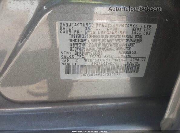 3N1AB7AP1GY330851 2016 NISSAN SENTRA Gray ძრავის განყოფილების ხედი