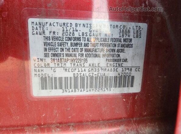 3N1AB7AP1HY229195 2017 NISSAN SENTRA Red Вид наклейки з VIN-кодом