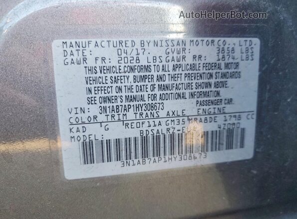 3N1AB7AP1HY308673 2017 NISSAN SENTRA Gray ძრავის განყოფილების ხედი