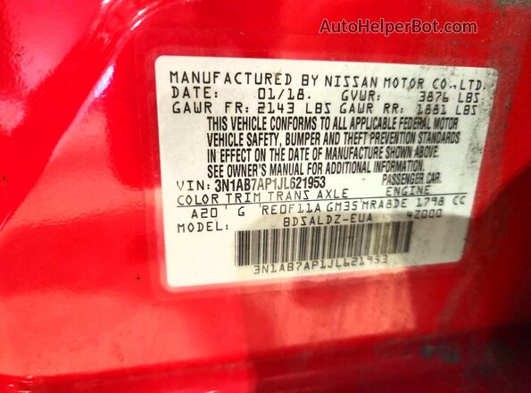 3N1AB7AP1JL621953 2018 NISSAN SENTRA Красный Вид наклейки с VIN-кодом