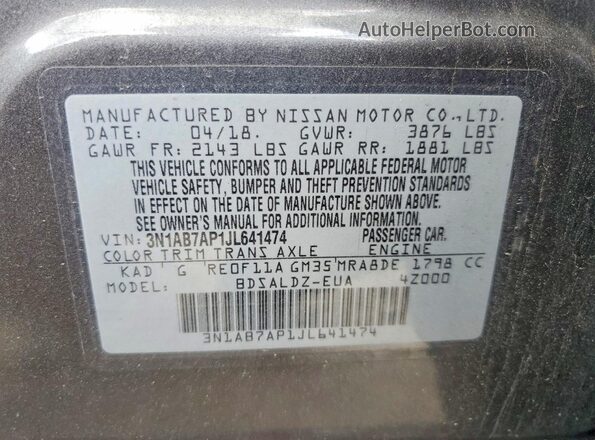 3N1AB7AP1JL641474 2018 NISSAN SENTRA Gray Շարժիչի բաժամունքի տեսք