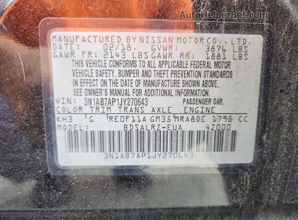 3N1AB7AP1JY270643 2018 NISSAN SENTRA Black Vista del compartimento del motor