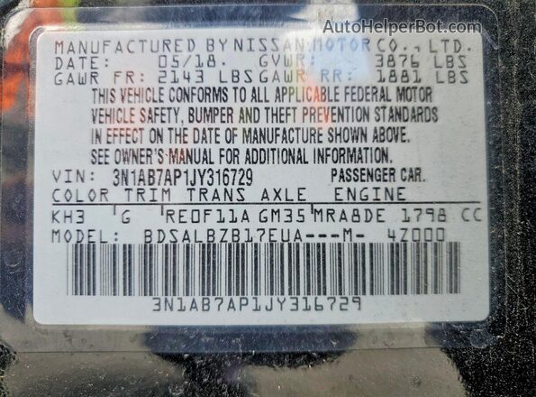 3N1AB7AP1JY316729 2018 NISSAN SENTRA Black Вид підкапотного простору