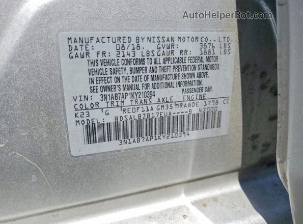 3N1AB7AP1KY210394 2019 NISSAN SENTRA Silver Շարժիչի բաժամունքի տեսք