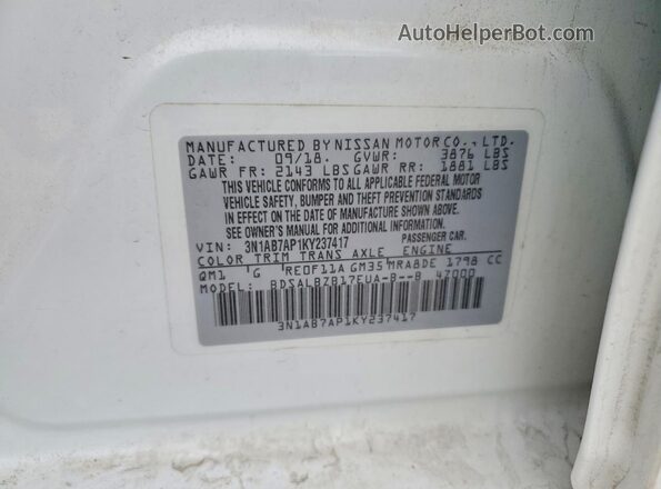3N1AB7AP1KY237417 2019 NISSAN SENTRA White Շարժիչի բաժամունքի տեսք