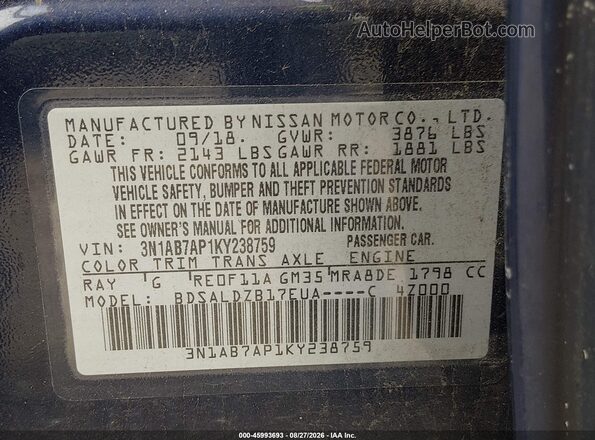 3N1AB7AP1KY238759 2019 NISSAN SENTRA Blue Вид підкапотного простору