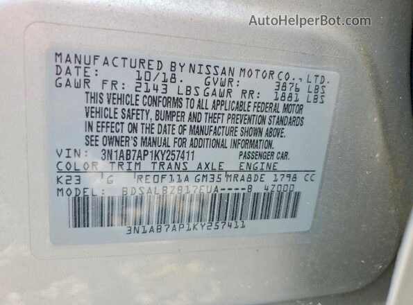 3N1AB7AP1KY257411 2019 NISSAN SENTRA Silver Vista del compartimento del motor