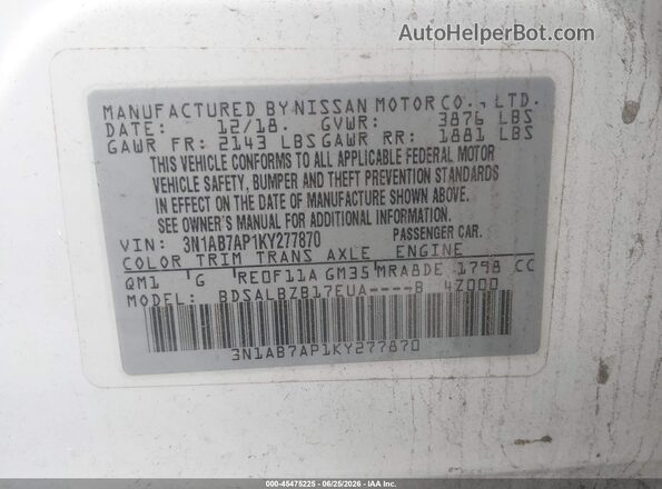 3N1AB7AP1KY277870 2019 NISSAN SENTRA White Widok komory silnika