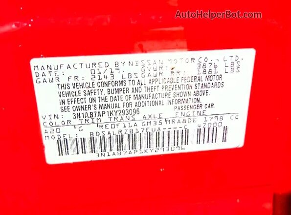 3N1AB7AP1KY293096 2019 NISSAN SENTRA Red 