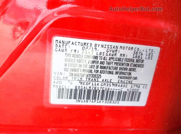 3N1AB7AP1KY308325 2019 NISSAN SENTRA Red Widok komory silnika