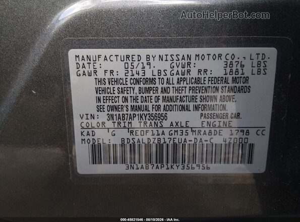 3N1AB7AP1KY356956 2019 NISSAN SENTRA Gray Вид підкапотного простору