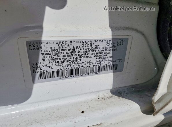 3N1AB7AP1KY374969 2019 NISSAN SENTRA White Widok naklejki z numerem VIN