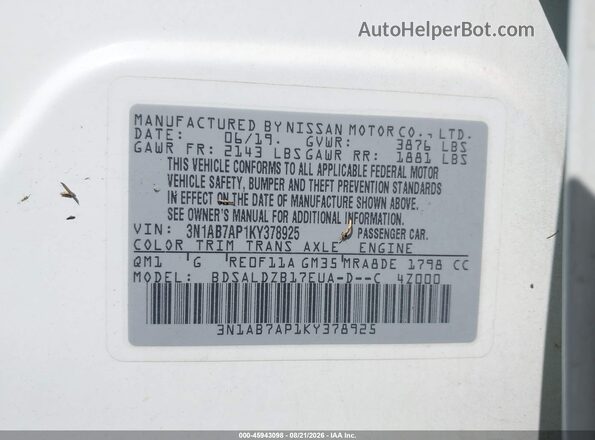 3N1AB7AP1KY378925 2019 NISSAN SENTRA White Շարժիչի բաժամունքի տեսք