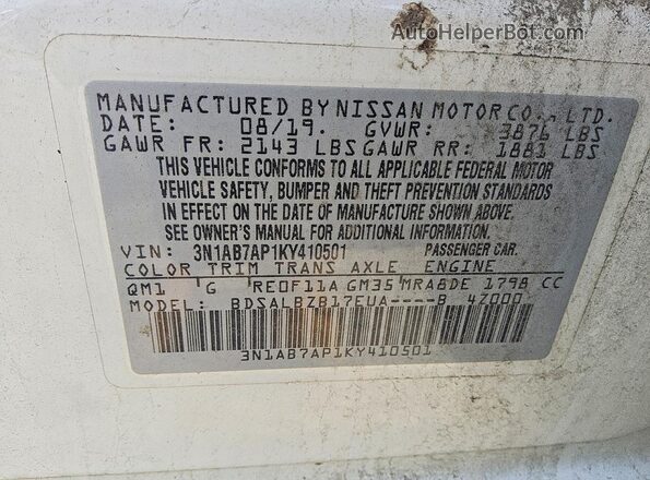 3N1AB7AP1KY410501 2019 NISSAN SENTRA White ძრავის განყოფილების ხედი