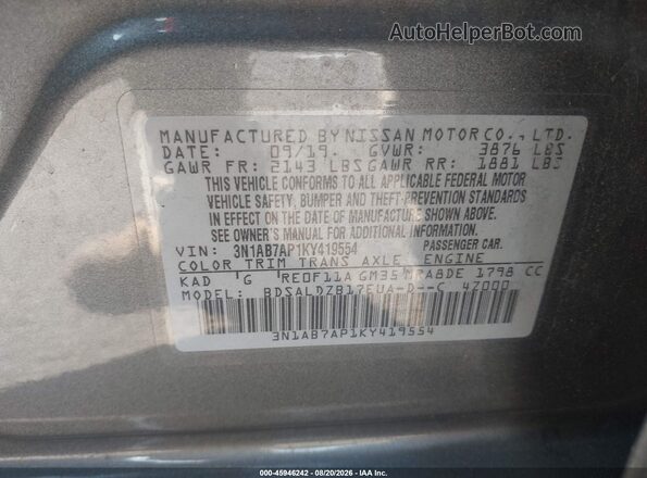 3N1AB7AP1KY419554 2019 NISSAN SENTRA Gray ძრავის განყოფილების ხედი