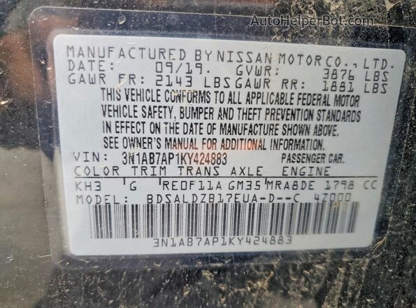 3N1AB7AP1KY424883 2019 NISSAN SENTRA Black Vista de la etiqueta del VIN