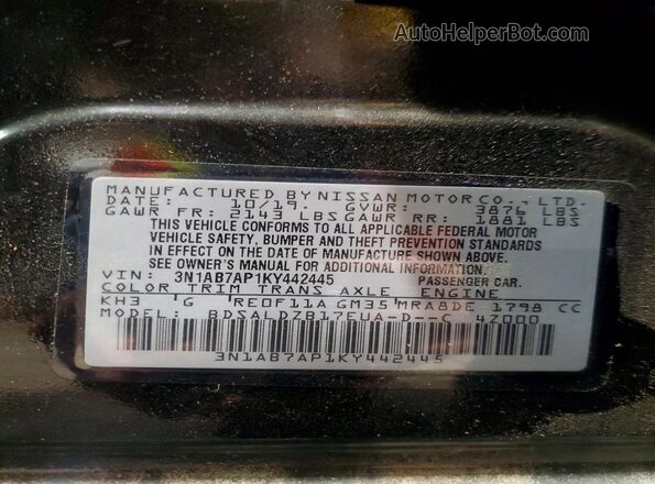 3N1AB7AP1KY442445 2019 NISSAN SENTRA Black VIN կոդի պիտակի տեսք