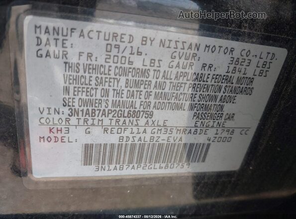 3N1AB7AP2GL680759 2016 NISSAN SENTRA Black ძრავის განყოფილების ხედი