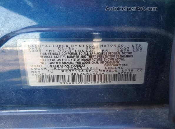 3N1AB7AP2GY220522 2016 NISSAN SENTRA Blue VIN sticker view