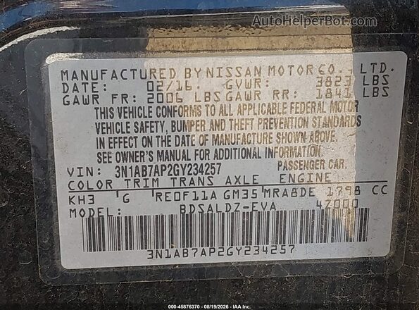3N1AB7AP2GY234257 2016 NISSAN SENTRA Black Շարժիչի բաժամունքի տեսք