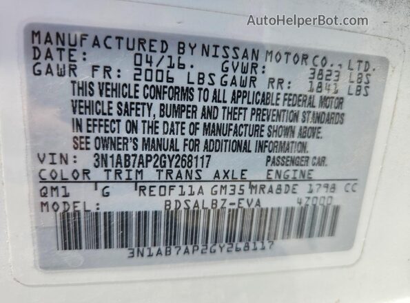3N1AB7AP2GY268117 2016 NISSAN SENTRA White Вид наклейки з VIN-кодом