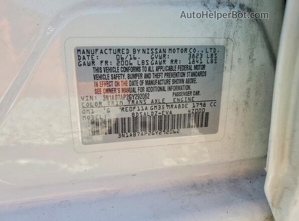 3N1AB7AP2GY292062 2016 NISSAN SENTRA White Vista de la etiqueta del VIN