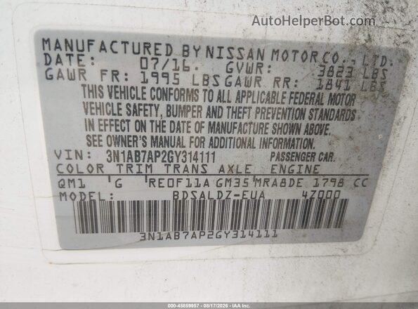 3N1AB7AP2GY314111 2016 NISSAN SENTRA Белый Вид подкапотного пространства