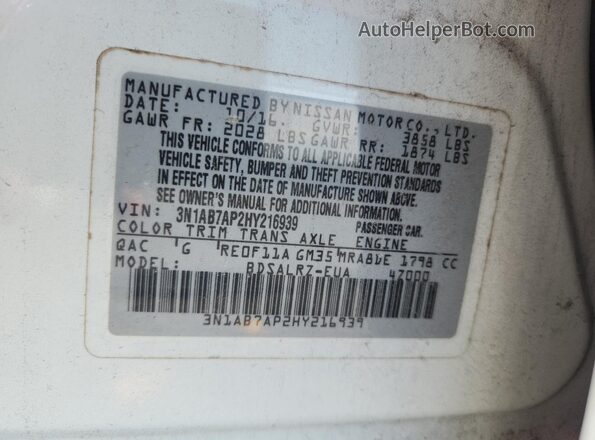 3N1AB7AP2HY216939 2017 NISSAN SENTRA White Շարժիչի բաժամունքի տեսք