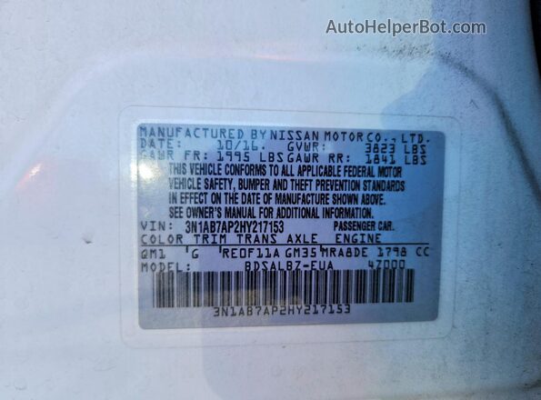 3N1AB7AP2HY217153 2017 NISSAN SENTRA White ძრავის განყოფილების ხედი