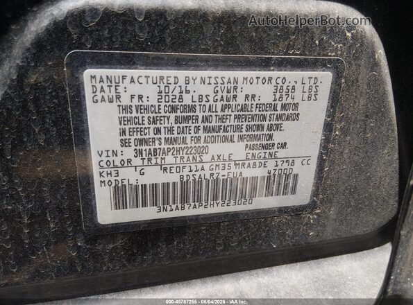 3N1AB7AP2HY223020 2017 NISSAN SENTRA Black ძრავის განყოფილების ხედი