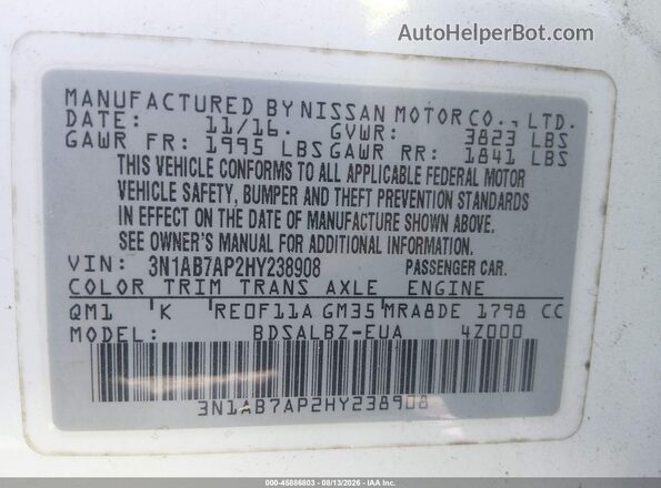 3N1AB7AP2HY238908 2017 NISSAN SENTRA White Շարժիչի բաժամունքի տեսք