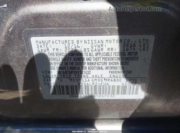 3N1AB7AP2HY247432 2017 NISSAN SENTRA Gray ძრავის განყოფილების ხედი