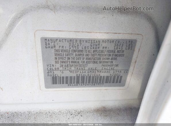 3N1AB7AP2HY287977 2017 NISSAN SENTRA White ძრავის განყოფილების ხედი