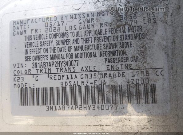 3N1AB7AP2HY340077 2017 NISSAN SENTRA Silver Շարժիչի բաժամունքի տեսք