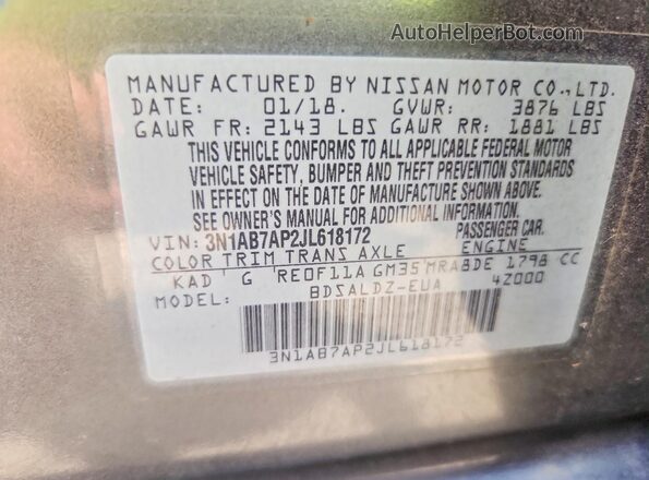 3N1AB7AP2JL618172 2018 NISSAN SENTRA Charcoal VIN sticker view