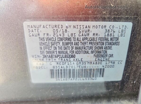 3N1AB7AP2JL653360 2018 NISSAN SENTRA Gray Widok naklejki z numerem VIN