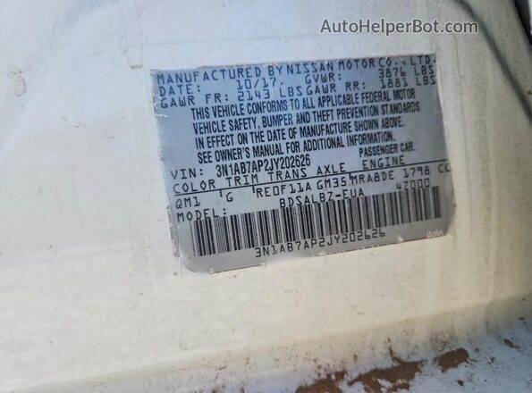 3N1AB7AP2JY202626 2018 NISSAN SENTRA White VIN sticker view