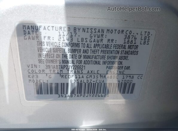 3N1AB7AP2JY226621 2018 NISSAN SENTRA Silver Вид підкапотного простору