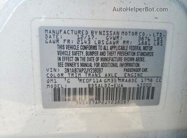 3N1AB7AP2JY238087 2018 NISSAN SENTRA White VIN կոդի պիտակի տեսք