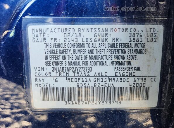 3N1AB7AP2JY273793 2018 NISSAN SENTRA Синий Вид подкапотного пространства