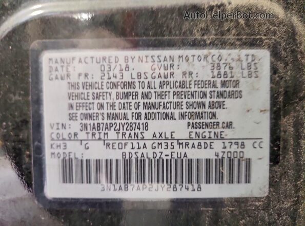 3N1AB7AP2JY287418 2018 NISSAN SENTRA Black Widok naklejki z numerem VIN
