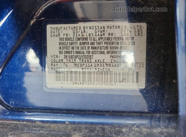 3N1AB7AP2JY292067 2018 NISSAN SENTRA Blue Вид наклейки з VIN-кодом