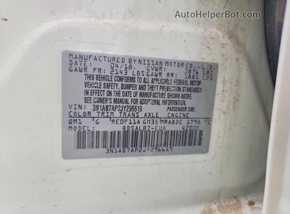 3N1AB7AP2JY296619 2018 NISSAN SENTRA White Widok komory silnika