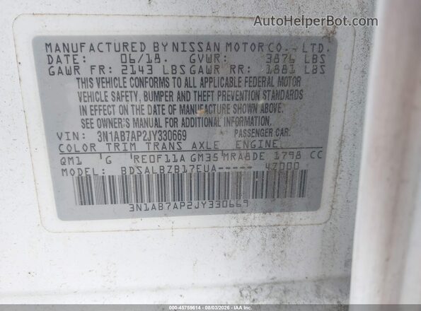 3N1AB7AP2JY330669 2018 NISSAN SENTRA White Vista del compartimento del motor