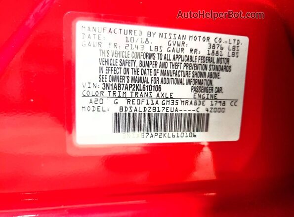 3N1AB7AP2KL610106 2019 NISSAN SENTRA Красный Вид подкапотного пространства
